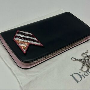 Dior Chevron Sequin Zip Around Long Wallet Black Leather Pink Interior Authentic